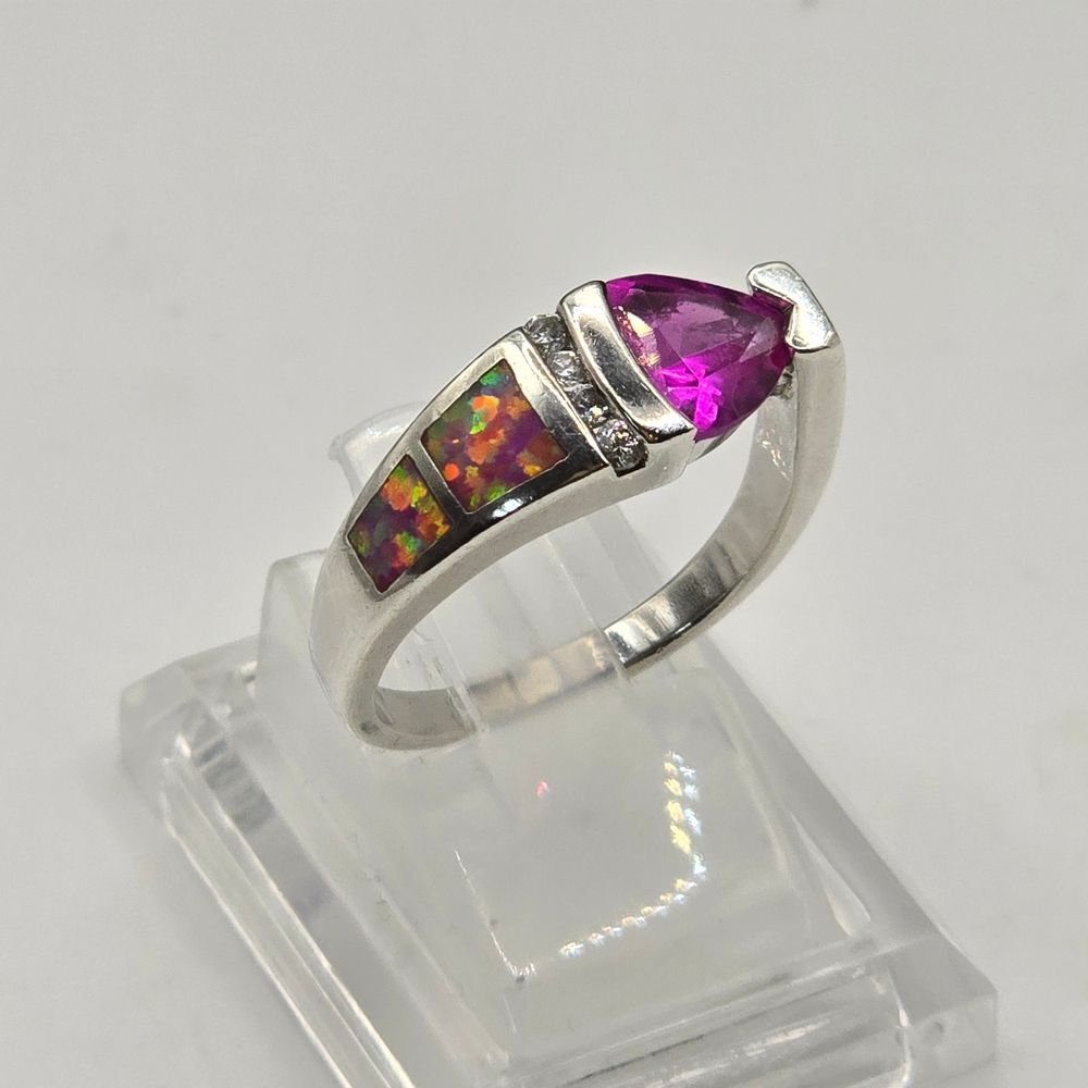 Australian Opal with Pink Trillion Cut Sapphire 925 Ring Size 8.25